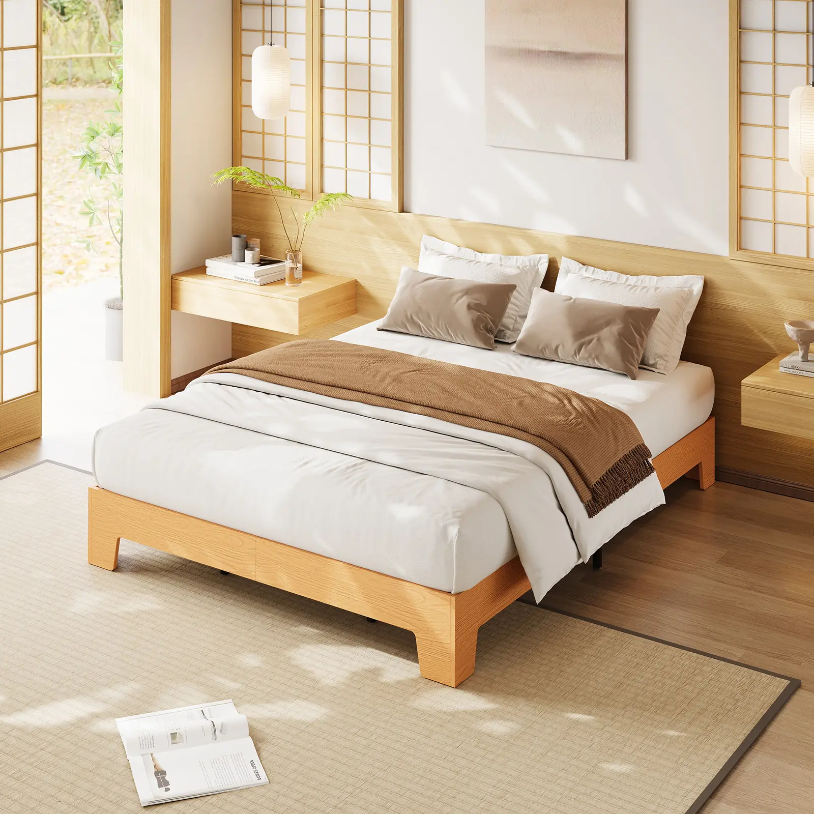 Modern Wood Platform Bed Frame, Minimalist Scandinavian Wooden Bed Base in Walnut Oak Pine, No Box Spring Required Squeak-Free Mattress Foundation with Underbed Storage, Heavy Duty Metal Center Support, Twin Full Queen King