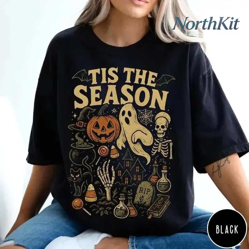 Pumpkin Ghost Graphic Tee, Tis' the Season Halloween Shirt,  Retro Halloween Style, Vintage Halloween Aesthetic, Women's Halloween Gift