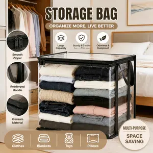 Large transparent thick plastic storage box, can store quilts, with hinged lid, household, moving, attic use, heavy-duty durable large-capacity storage box