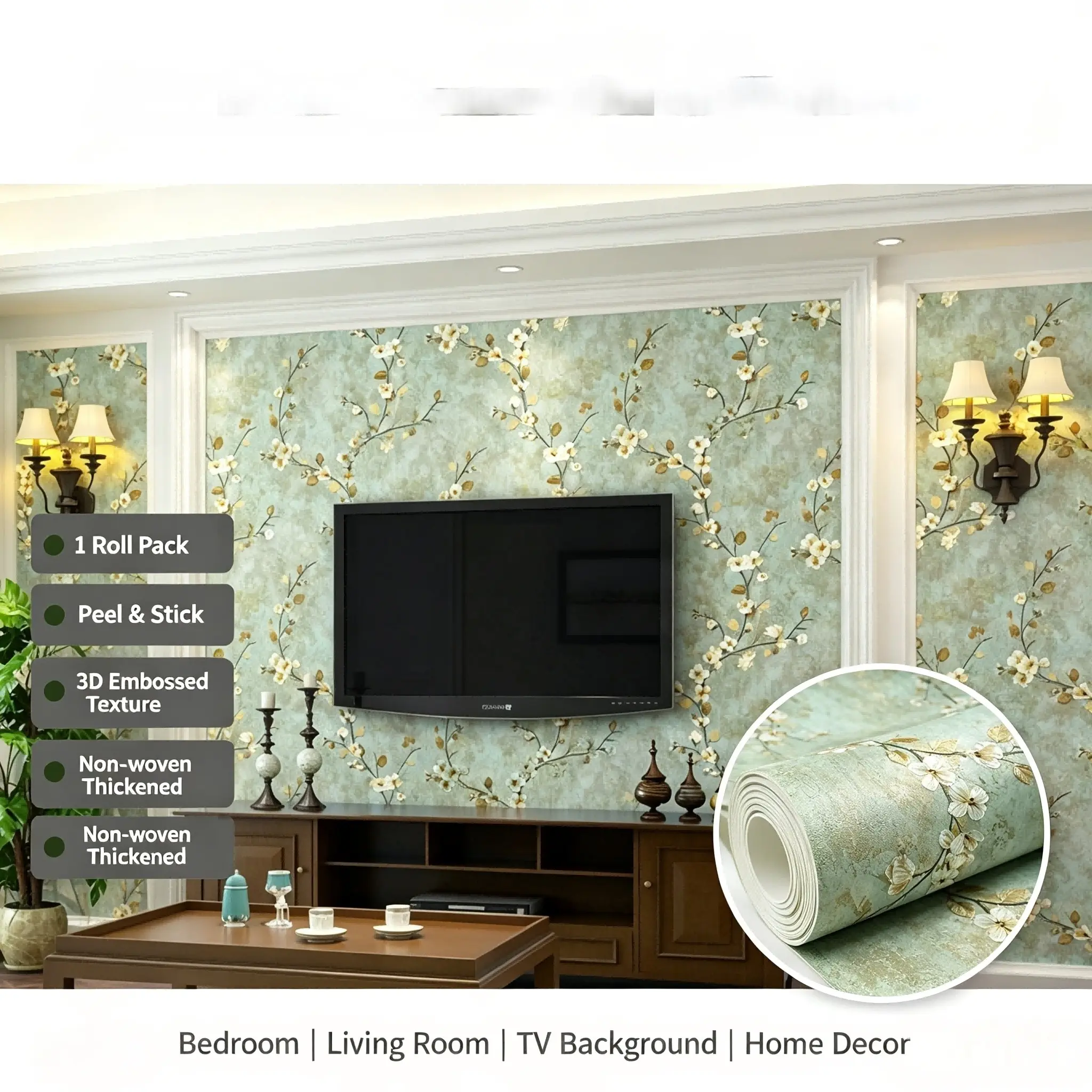 1 Roll Self Adhesive Non-woven Wallpaper, American Country Retro Floral Plum Pattern, 3D Embossed Thickened Light Luxury Wall Covering, Peel and Stick Decor for Bedroom Living Room TV Background Home Interior Decoration