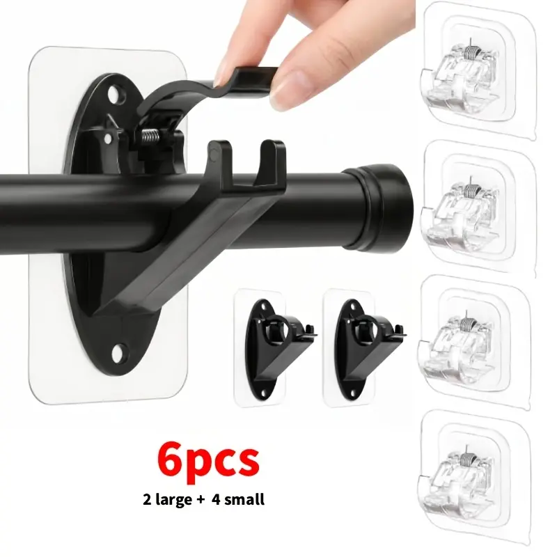 WS---6pcs No-Drill Self-Adhesive Curtain Rod Brackets, Curtain Rod Holders (2 Large 4 Small) - Heavy Duty Plastic, Nail-Free Installation, Suction Cup Adhesive Brackets, Suitable for Bathroom, Living Room - Easy Peel Adhesive Design, Damage-Free Removal
