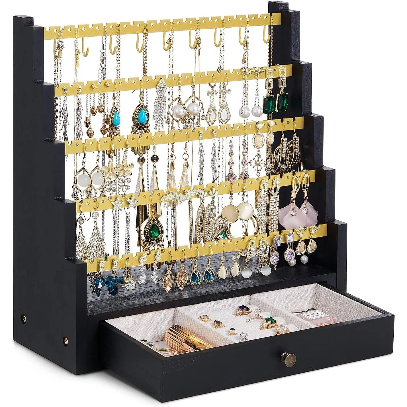 Earring Organizer, 5 Layer Earring Holder Organizer with Metal Necklace Holder Pole, Rustic   Organizer Stand Display for Stud Earring Bracelet Necklace Ring, 175 Earring Holes