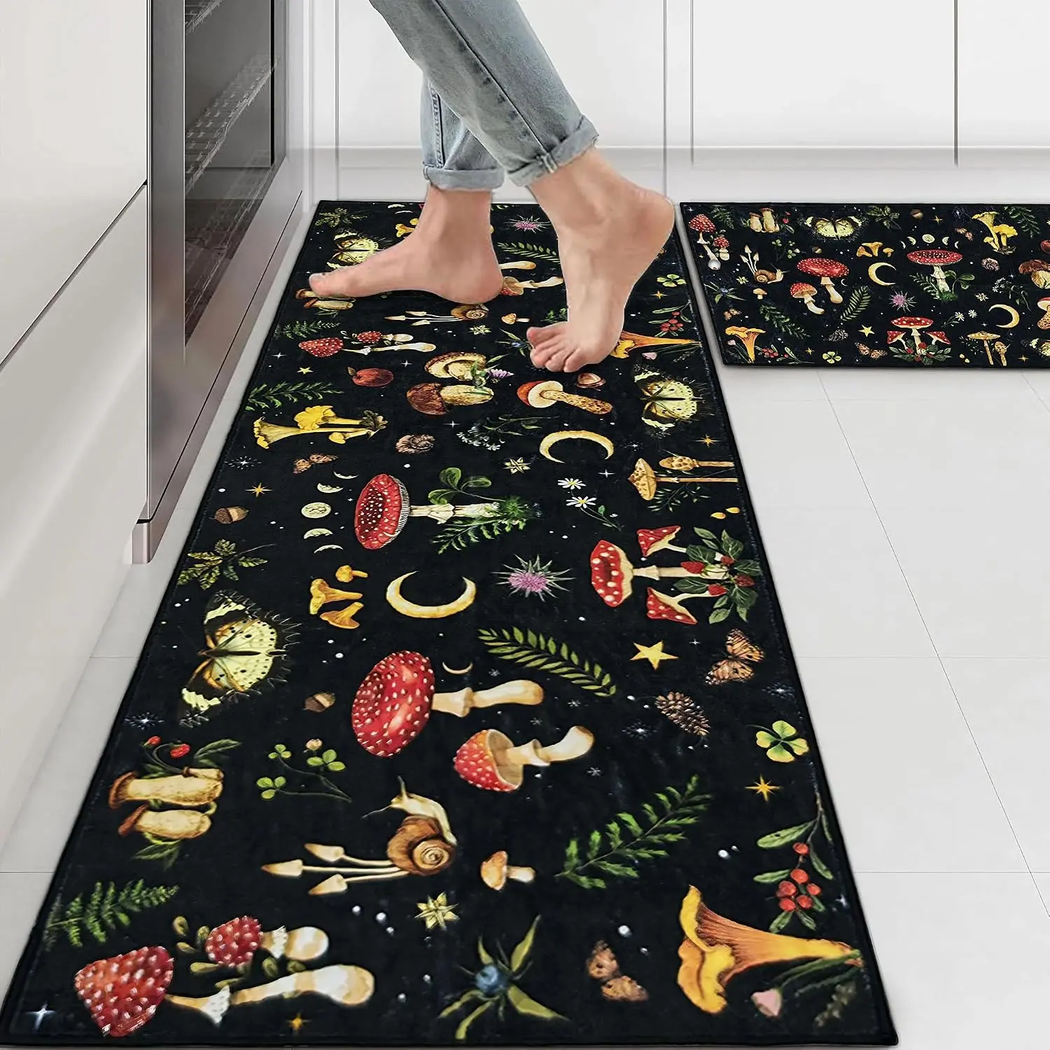 Mushroom Rug Kitchen Mats for Floor Kitchen Rugs Non Slip Washable Sets of 2 Black Butterfly Floral  Low Pile Stain Water Resistant Floor Standing Mat for Office Laundry Sink Desk