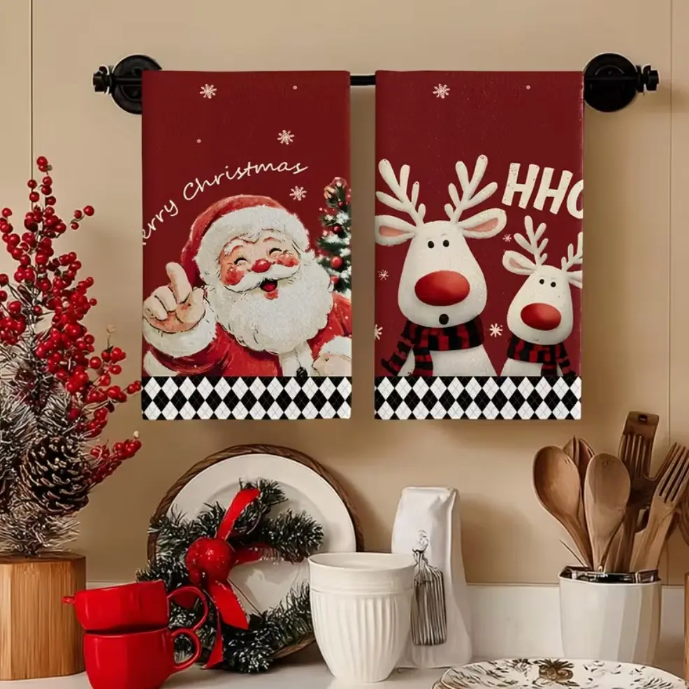 2pcs Christmas hand towels, printed with patterns of Deer Santa Claus, can be used both as kitchen hand towels and bathroom hand towels，suitable for home decoration and are ideal hand towels for use in room，Christmas decoration