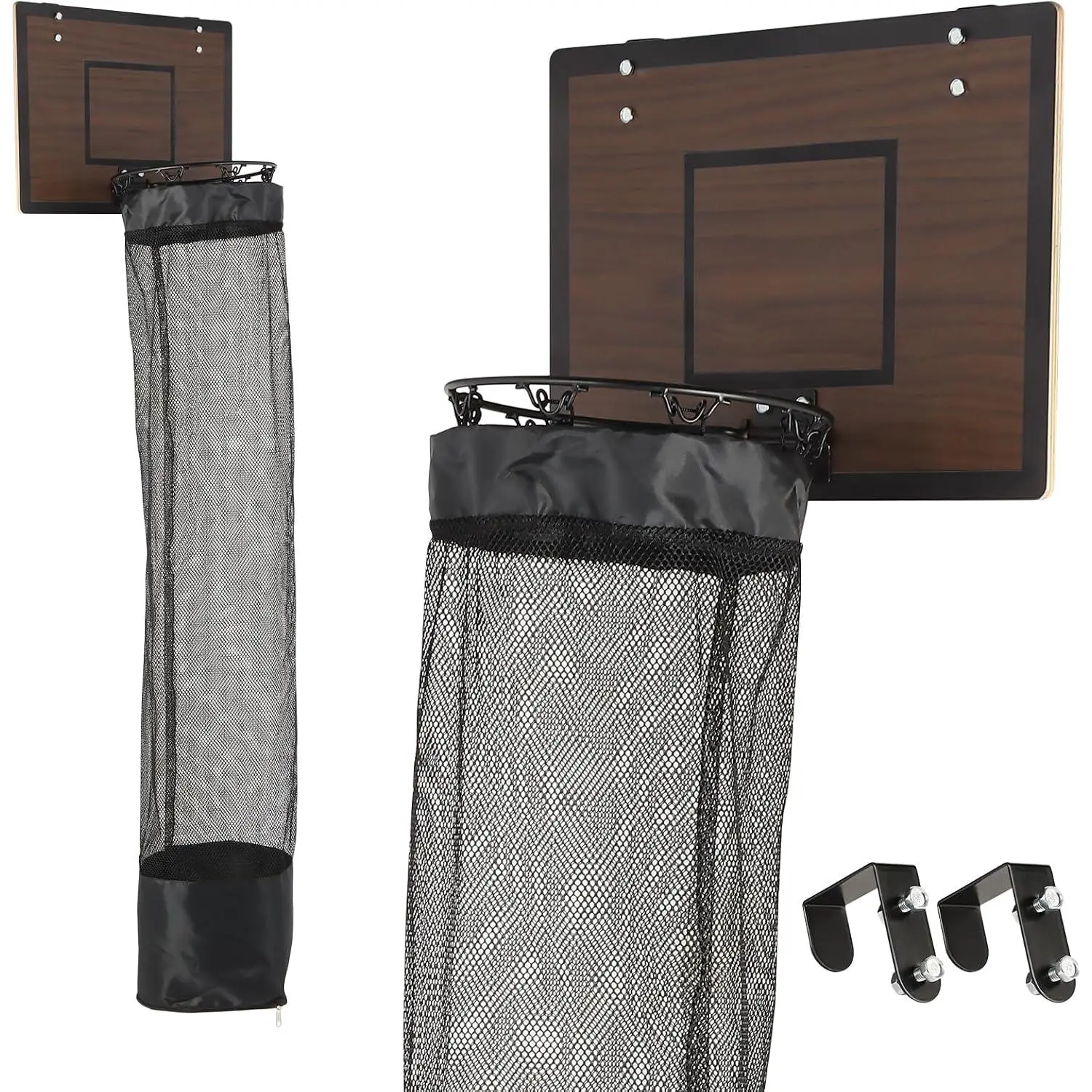Over the Door Basketball Hoop Laundry Basket ,Wooden Basketball Laundry Hamper with Zipper for  Room,Dorm Rooms,Bathroom,Saving Space Storage and Organization (Dark Walnut)