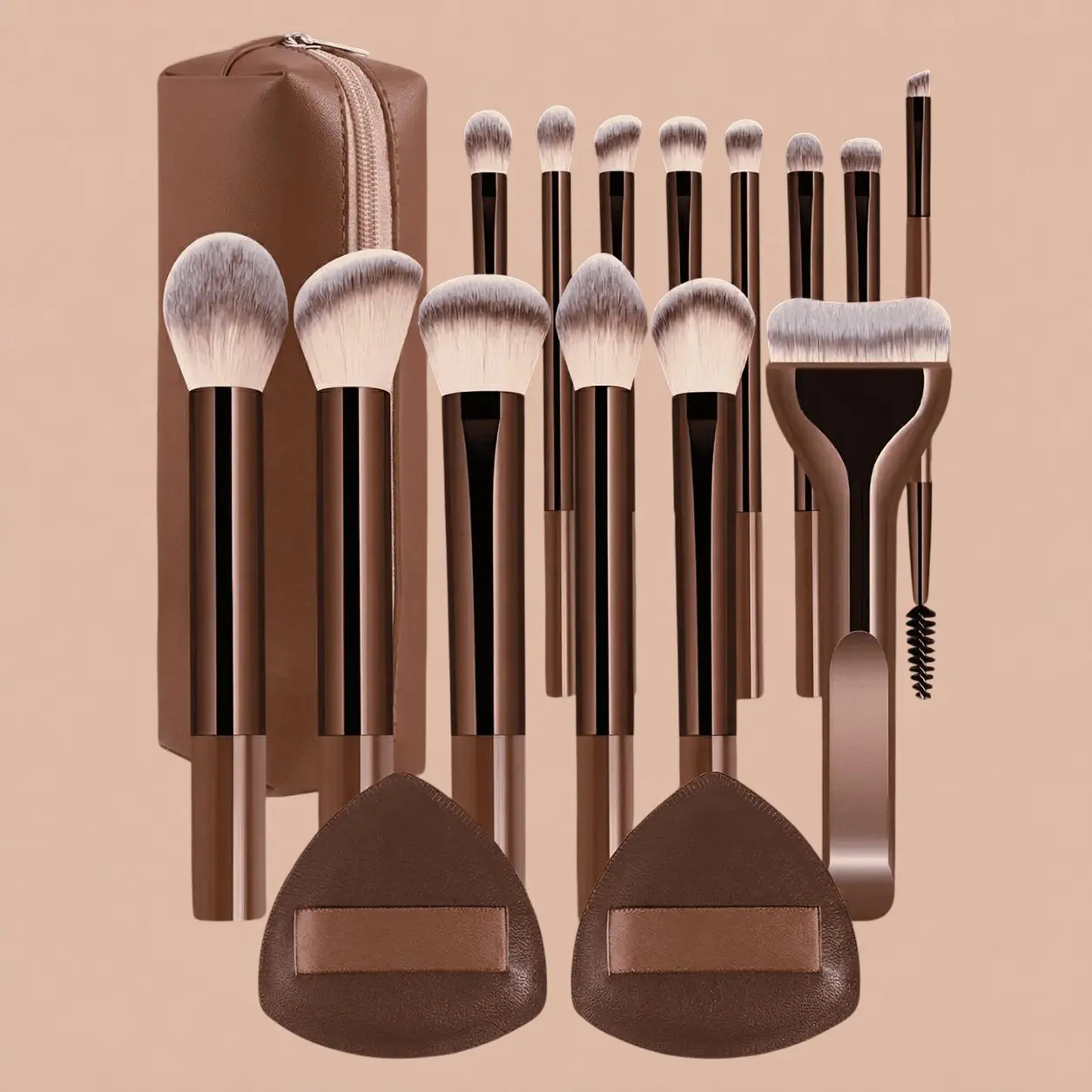 14Pcs Professional Makeup Brush Set With Bag and 2 Puffs,Cosmetics Brushes Set with Metal Frame, Multiple Brushes for Eyeshadow, Blush, and Foundation, Gift for Women and Girls