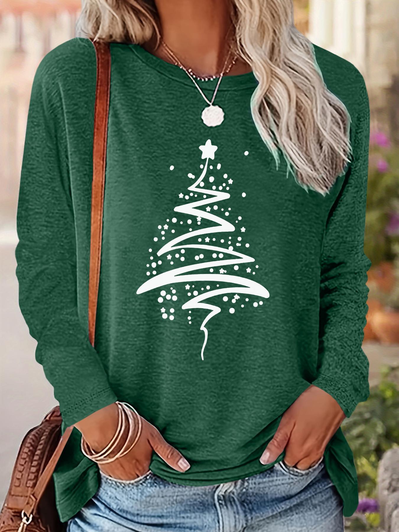 Women's Christmas Tree Print Drop Shoulder Fitted T-shirt, Casual Long Sleeve Round Neck Pullover for Fall & Winter, Ladies Clothes for Daily Wear