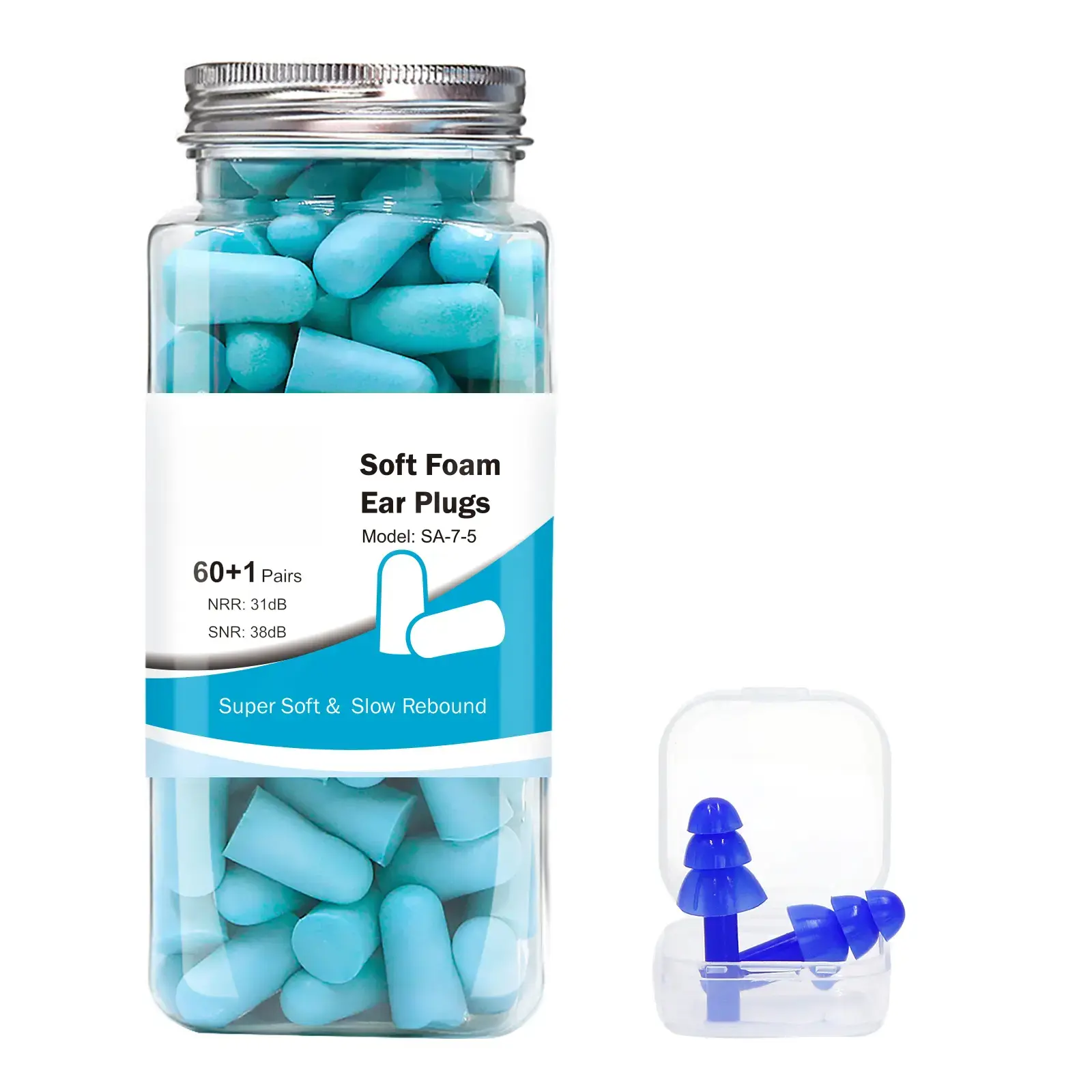 Ear Plugs, 60 Pairs of Soft Slow Rebound Foam, NRR 31dB Noise Reduction, Latex-Free Hearing Protection for Sleeping, Work & Adults - Lake Blue, Unisex, Silicone Ear Plugs, Secure Seal, Foam Shape, Ultra-Quiet, Stretch Foam Ear Plugs