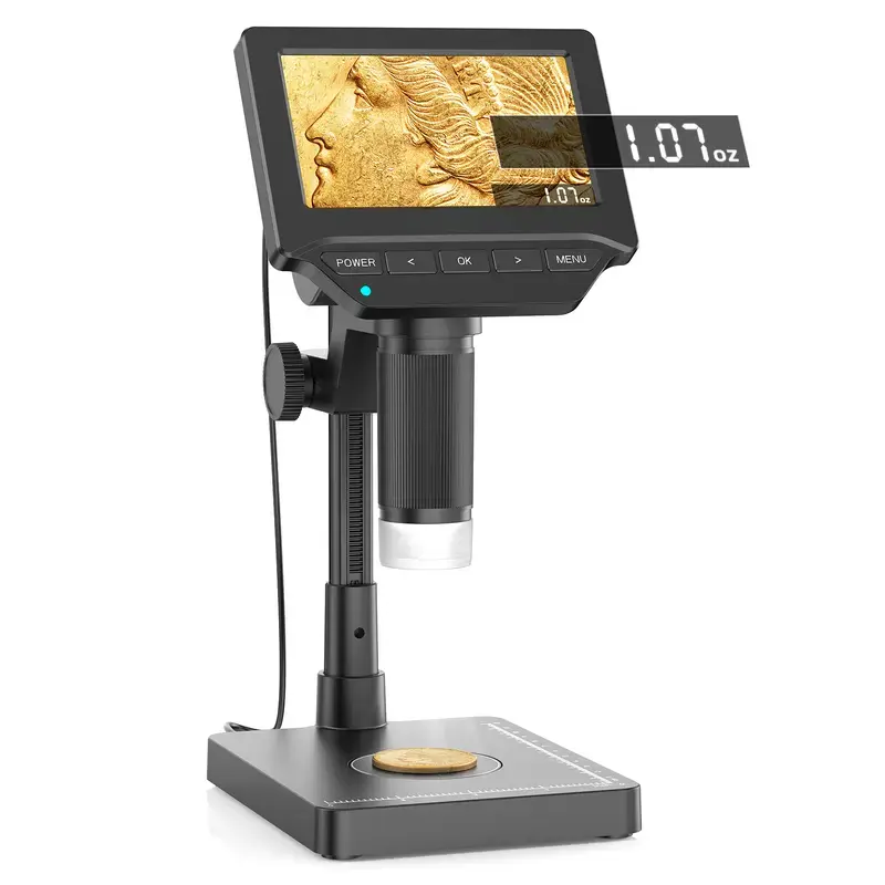 DM4W Digital Coin Microscope with Weigh+Magnify Function, 0.1g Precision Scale, 4.3" Screen, 178 °   Wide Viewing Angle, 500-cd/m² Brightness, Built-in LED Lighting, 8" Tall Stand, USB Output, Windows/Mac Compatible for Jewels, Collectibles