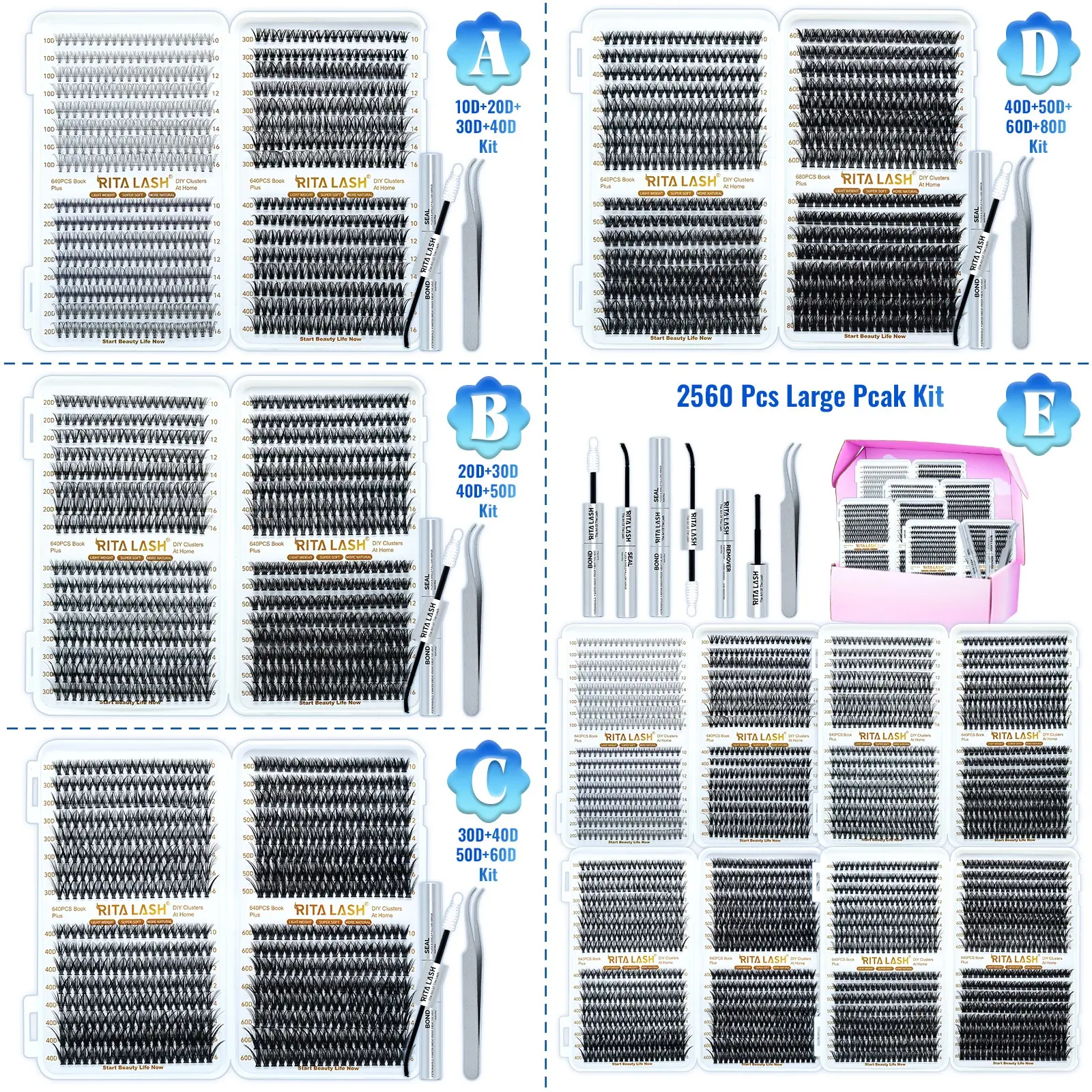 RITA 2560/640PCS Lash Clusters Kit Individual Cluster Lash Extensions Kit 10D+20D+30D+40D+50D+60D+80D Volume Eyelash Clusters with Lash Bond and Seal and Tweezers 10-16mm 7 Styles Mix Lashes Clusters Kit