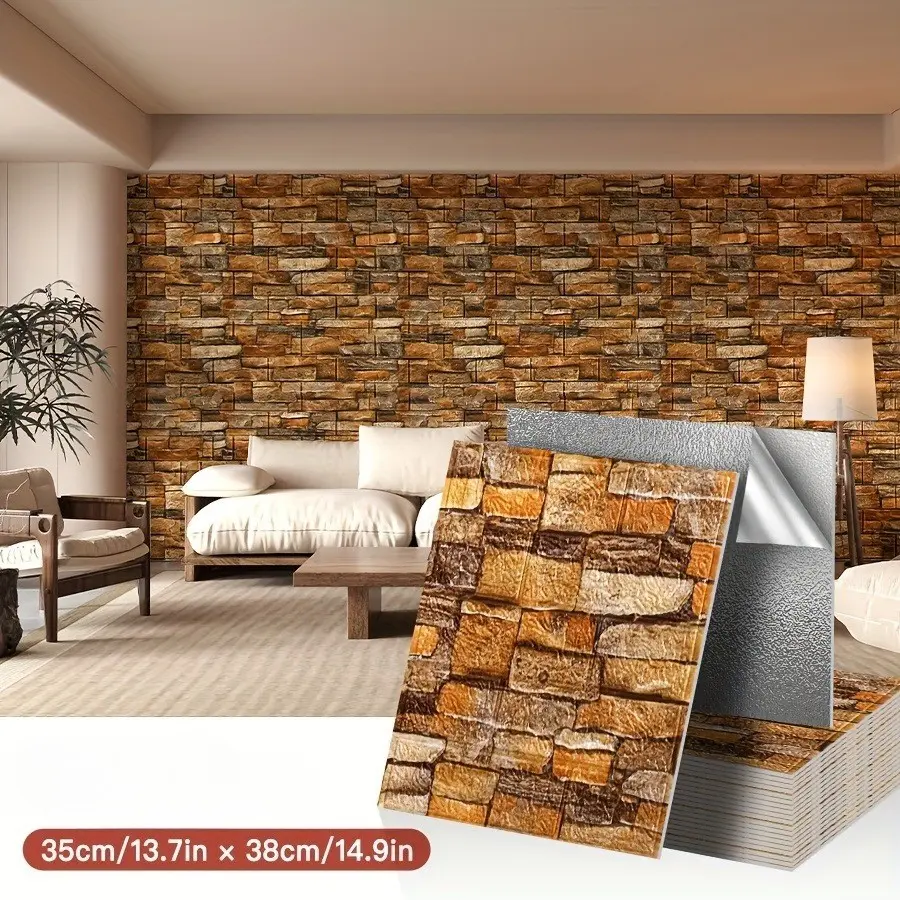 40pcs Vintage Wall Stickers, Simple Brick Pattern, Self-Adhesive Decor, Easy Clean, Cuttable, for Living Room, Kitchen, Hallway, Interior Walls, 3mm Thick,38cmx35cm/15.16inx13.78in