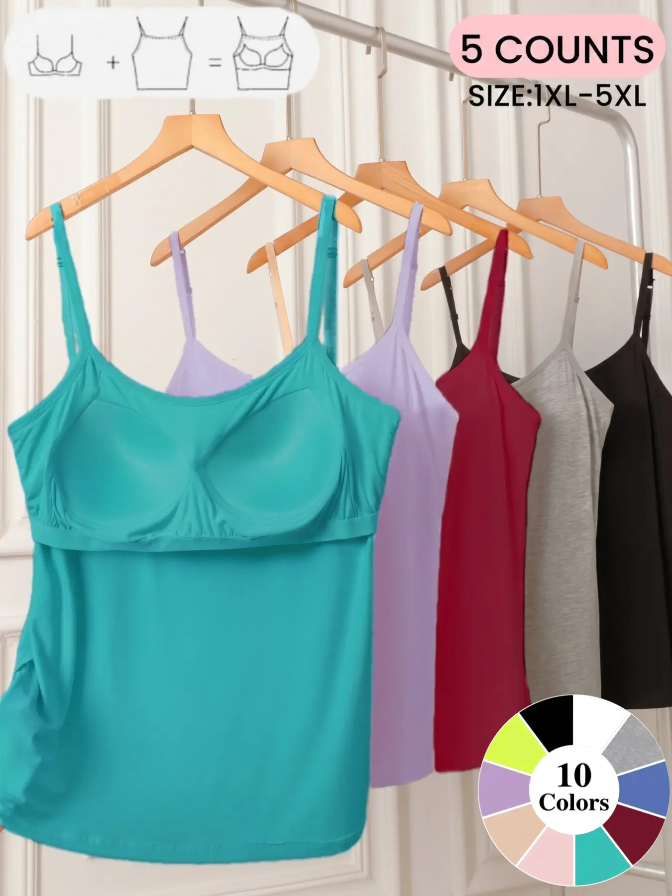 Plus Size Women's Adjustable Cami Top with Built In Bra Pad, Soft Comfortable Summer Vest, Baisc Tanks Top,Casual Wear for Any Occasion,All Seasons