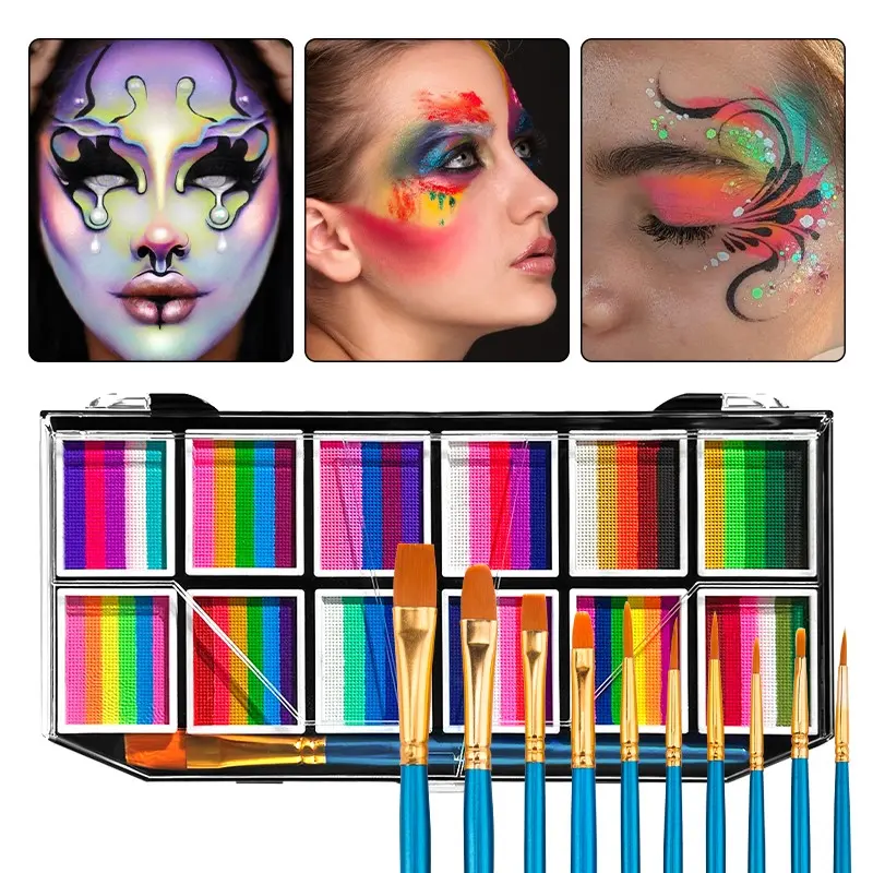 Veronni 12-Color Water-Based Face Paint Set, 10 Professional Brushes, Rainbow Colors for Stage Makeup, Halloween, Cosplay, Party, Face Body Makeup