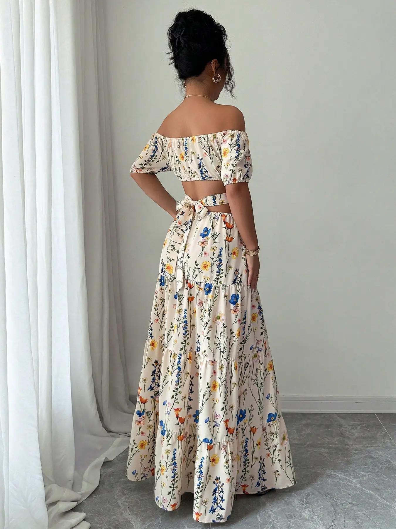 Women's Floral Print Off-Shoulder Maxi Dress, Bubble Sleeves & Waist Slit Design, Perfect Summer for Vacation Parties, Bohemian Style, Boho, Casual Wear Tie Front Comfortable Fit Blazer Midi Skirt Breathable