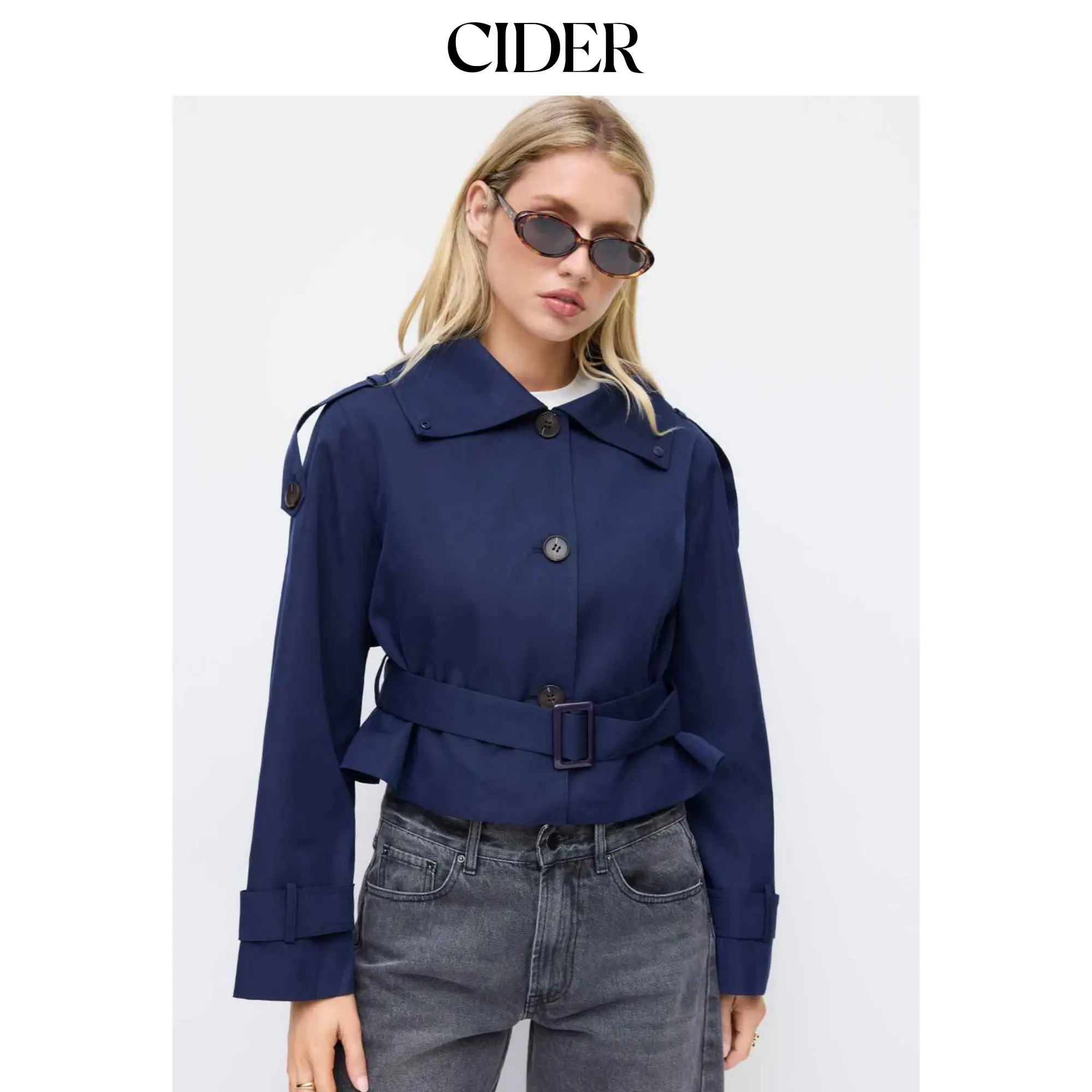 Cider Collar Oversized Long Sleeve Crop Trench Coat With Belt SohoChic