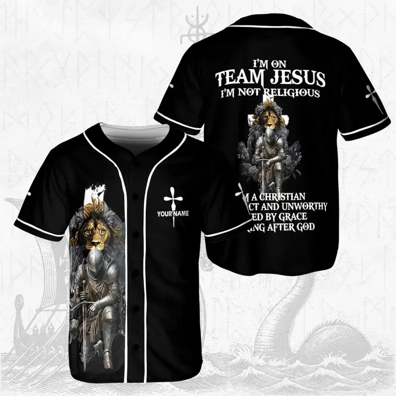 Jesus Baseball Jersey – Christian Faith Shirt with Lion & Knight – Religious Gift