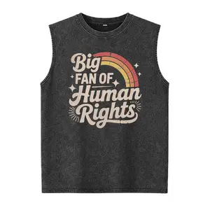 Big Fan of Human Rights Graphic Washed Vest- Retro Rainbow Lettering Pullover, Social Awareness Unis