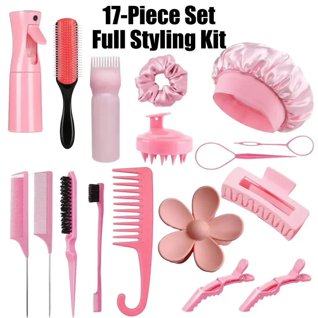 17-Piece Hair Care Set, Hair Styling Tools, Haircare Tools, Styling Kit, Includes Spray Bottle, Sleep Cap, Curl Brush, Detangling Hairbrush, Comb, Detangler, Massage Brush, Clips, Brush For Curly Hair, Perfect for All Hair Types