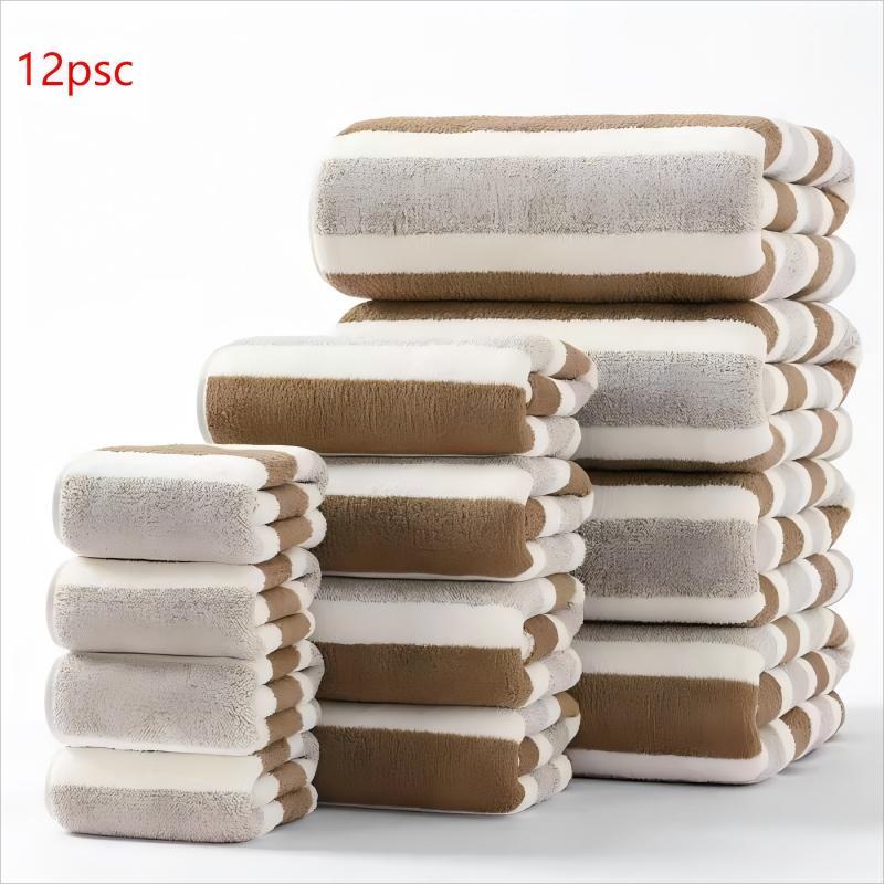 Striped Pattern Premium Towel Set, 1 Set Including 4 Counts Bath Towel & 4 Counts Hand Towel & 4 Counts Face Towel, Quick Drying Water Absorbent Towel for Home, Hotel & Spa, Absorbent Thickened Towels