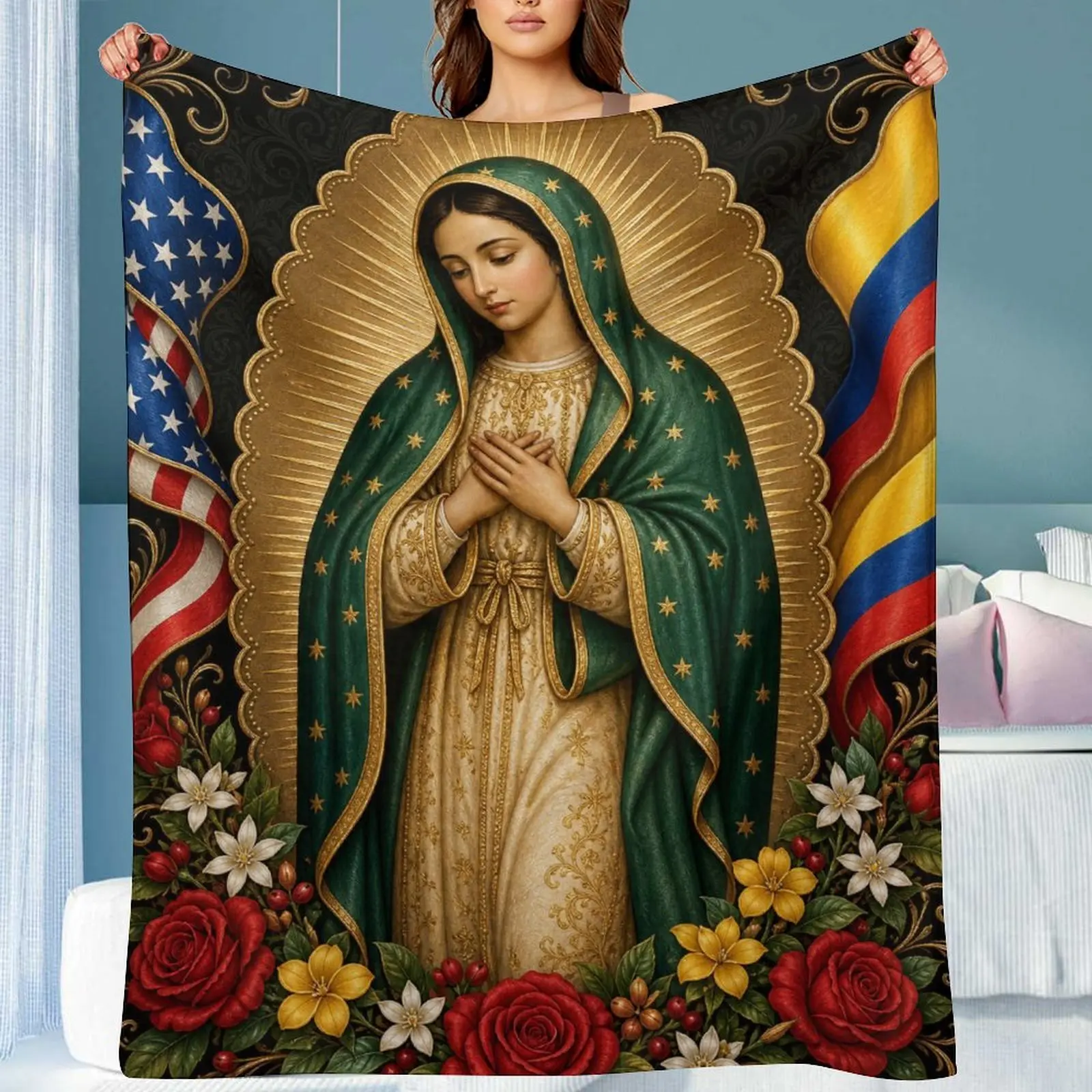 Colombian Guadalupe Rose Flannel Throw Blanket 60×80 Inches, Wrinkle Resistant Soft Lightweight Warm Blanket With Vivid Print, Washable Faith Blanket For Indoor Home Use & Outdoor Travel, Religious Devotional Gift
