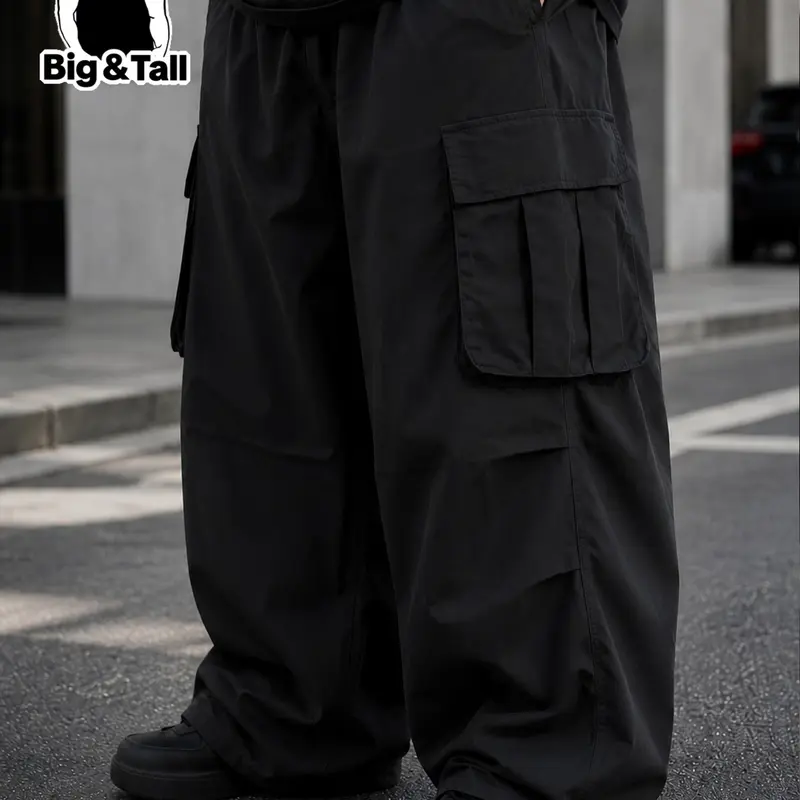 Plus Size Men's Work Pants, Non Denim Trousers, All-Purpose Utility Pants with Side Pockets, Comfortable Loose Fit for Daily Wear, Durable Functional Menswear