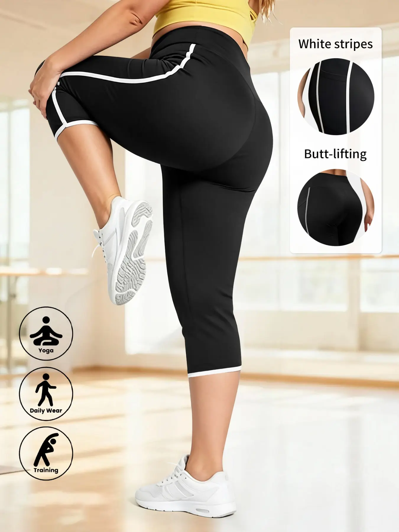 Plus Size High Waist Yoga Pants, Tummy Control Side Pockets, Fashion Colorblock Stripes, Workout Running Cycling Pilates Daily Wear Comfy Stretchy Hip Shaping Leggings