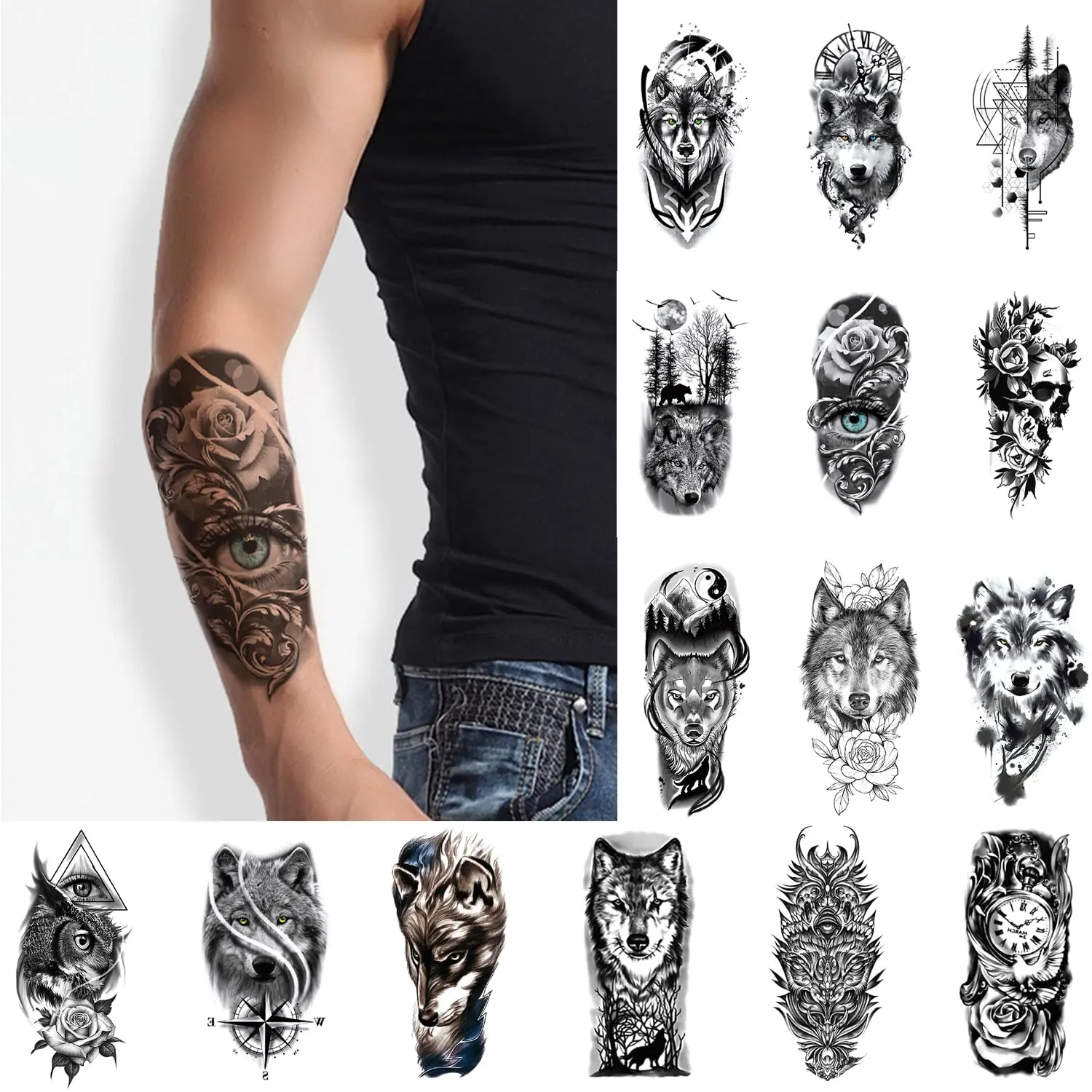 Animal Temporary Tattoos for Men Women Adults, 15-Pack Variety Design Large Fake Tattoo, Long-lasting Realistic Tattoos for Body Arm Leg Shoulder, Wolf Skull Eagle Eye Flower
