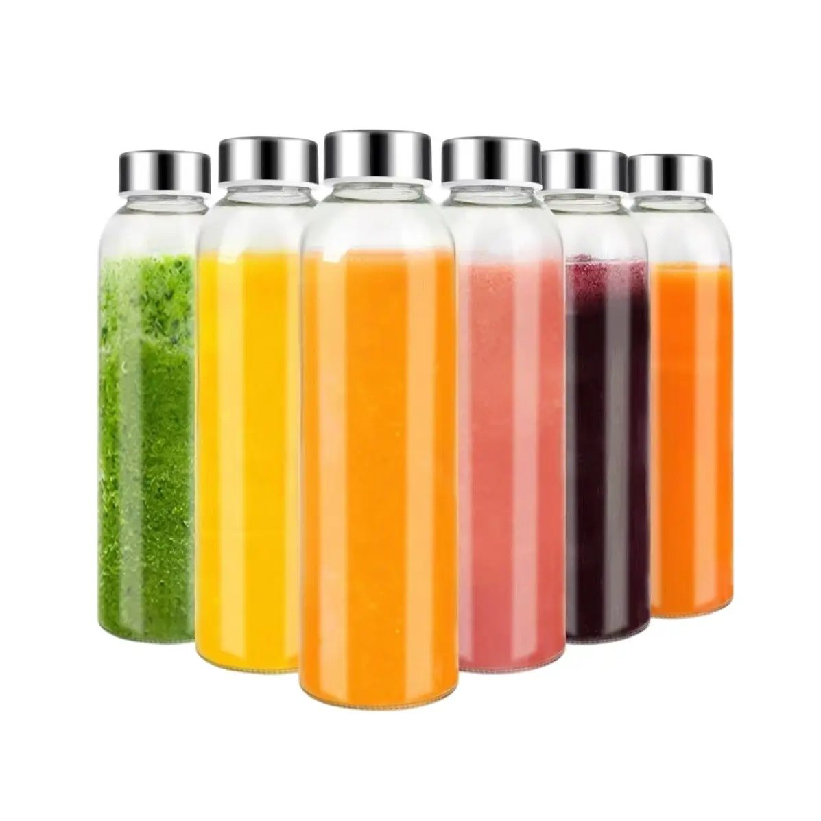Bestseller 6pcs 18oz Food Grade Clear Glass Juice Bottles Airtight Leakproof Stainless Steel Caps Beverage Storage Containers BPA Free Dishwasher Safe Portable Drink Jars For Fruit Infused Water Milk Cold Brew Coffee Picnic Refrigerator Drinks Prep
