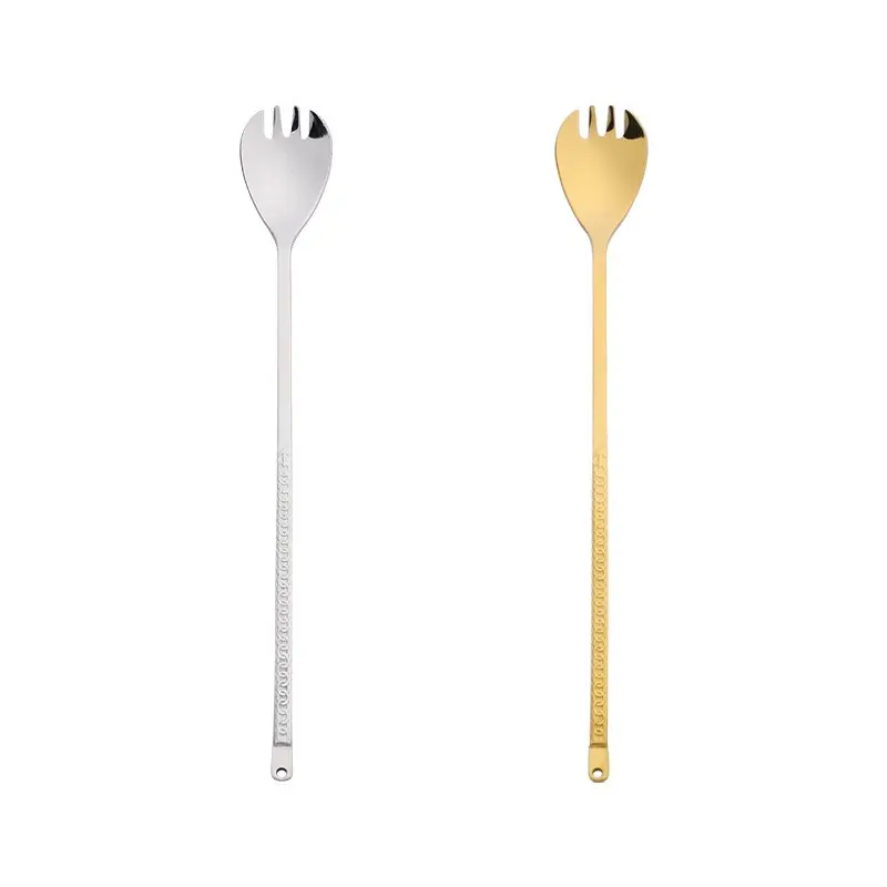 2pcs 304 Stainless Steel Long Handle Spoon Fork Set, Korean Style Creative Mixing Spoon, Salad Fruit Fork, Multi-Functional Kitchen Cutlery Kit