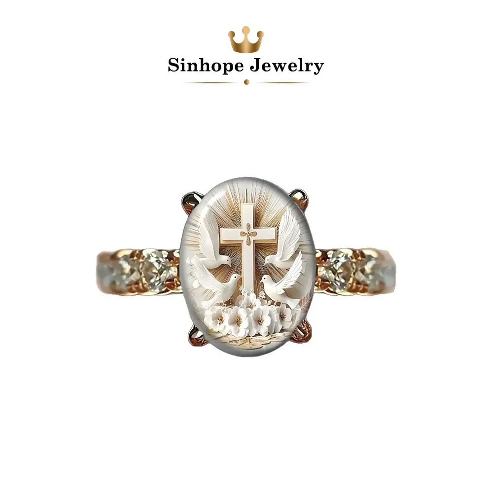 Rose Gold Cross Dove Oval Cameo Ring, Christian Faith Flower Relief Ring with Side Shiny Cubic Zirconia, Nickel-Free Hypoallergenic Religious Jewelry, Vintage Prayer Peace Symbol Ring, Baptism Christmas Birthday Gift for Women