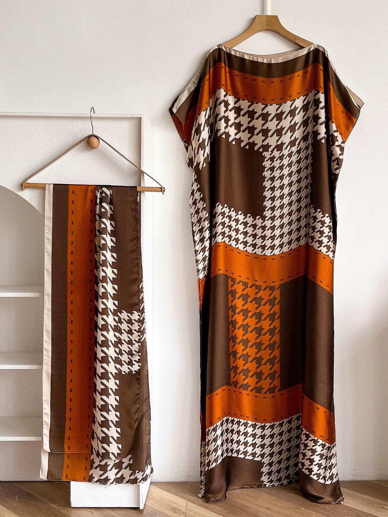 Elegant Women's Houndstooth Print Long Robe Set with Shawl, Beach Sun Protection Satin Scarf and Headband, Boho Style Beachwear, Cover Ups, Swimwear Coverups, Swimsuit Cover Ups