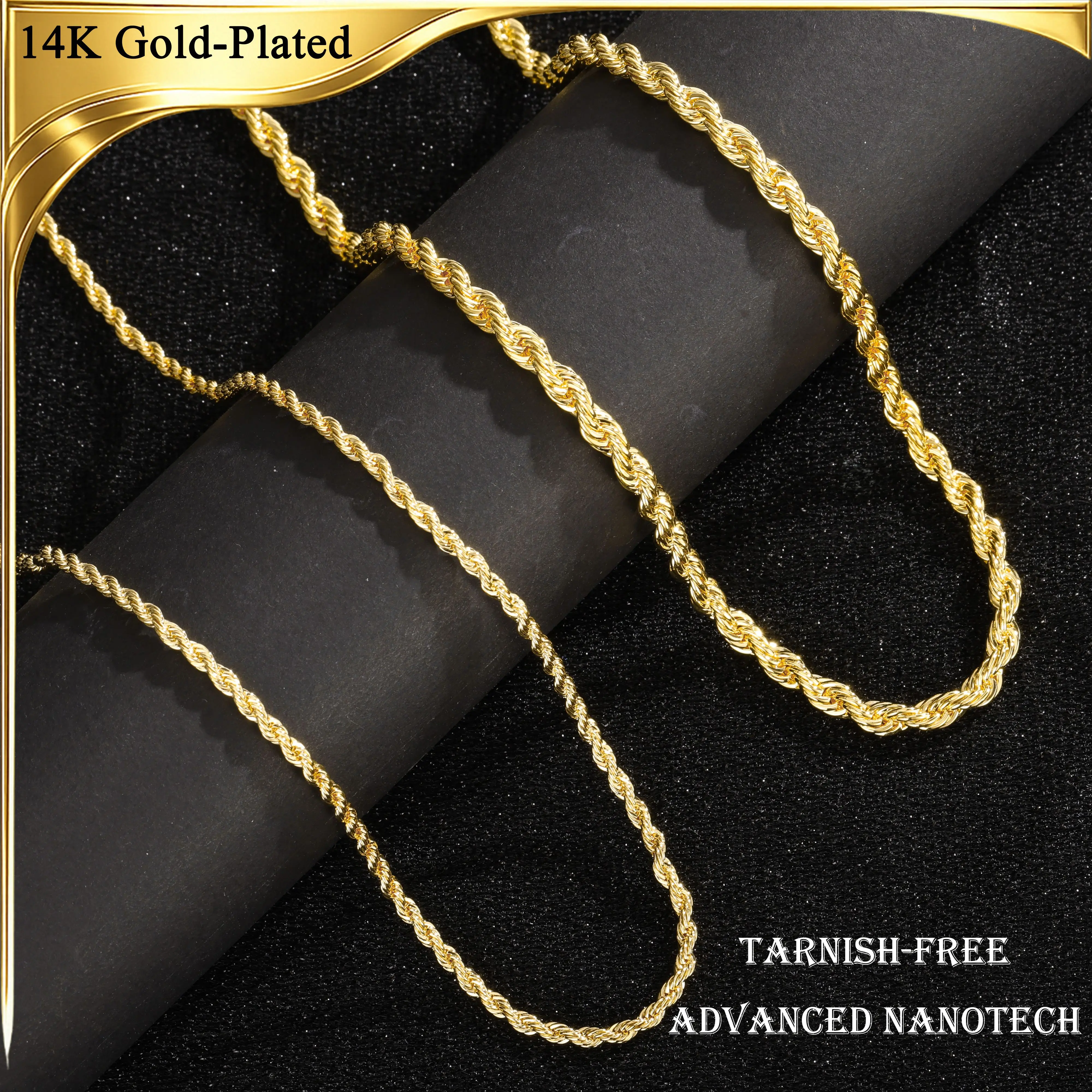 ARTPAGE 14K Real Gold-Plated Rope Chain Necklace for Women and Men,Upgraded Shine, Faceted Cut, Tarnish-Free, Goldstone necklace 3mm/5mm, 22"/24" Jewelry,Father's Day Gift