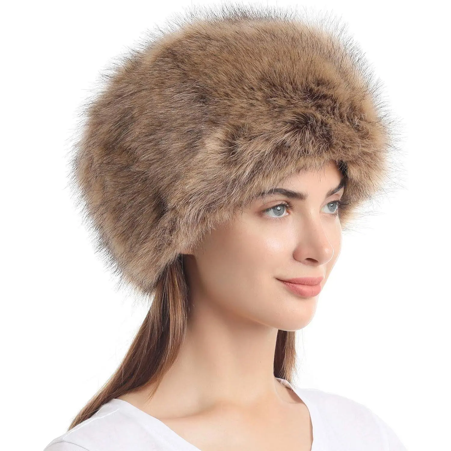 Women's Stretch-Fit 1-Size Faux Fur Cossack Russian Style Winter Warm Cap, White, One Size