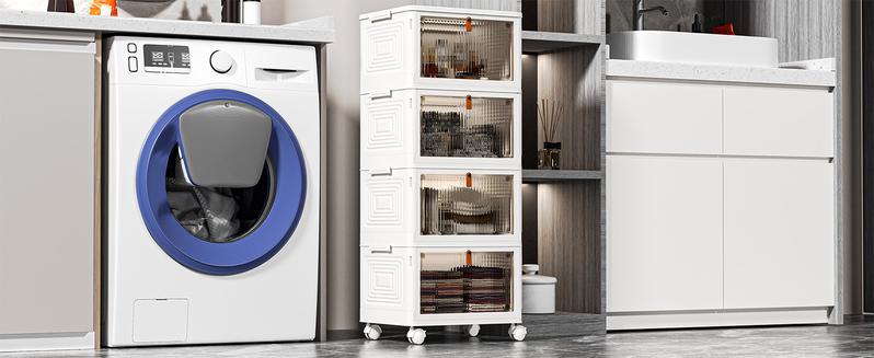 4-Tier Stackable Plastic Storage Bins Organizer, 93 Qt Total Capacity, Foldable Storage Boxes with Lids & Wheels, Translucent Front Door for Bedroom, Living Room, Office