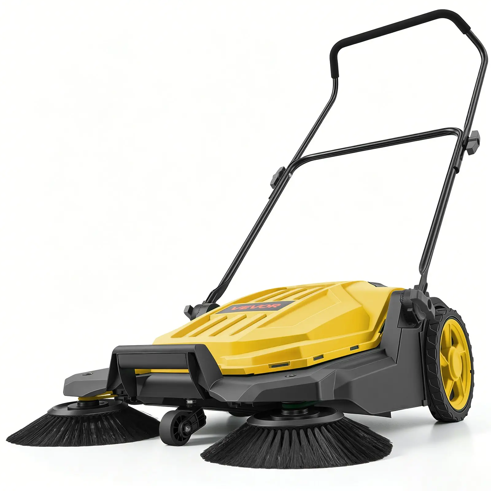 VEVOR Walk-Behind Hand Push Floor Sweeper, Manual Floor Sweeper Non-Electric with 25.6" Sweeping Width, 5 Gallons Waste Container Adjustable Folding Handle for Yards Walkways Patios Garages - Yellow