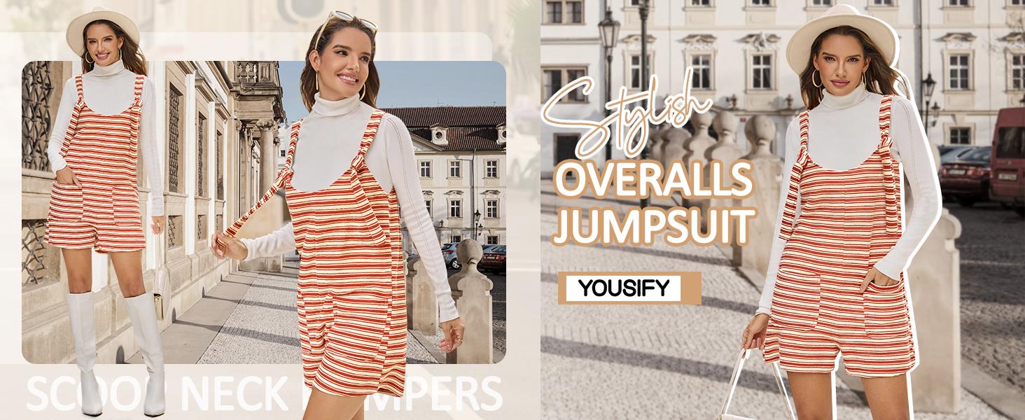 Yousify Women's Striped Sleeveless Romper Loose Fit Tied Shorts Jumpsuit with Pockets for Summer & Fall Casual Wear Scoop Neck Adjustable Drawstring Wide Legs