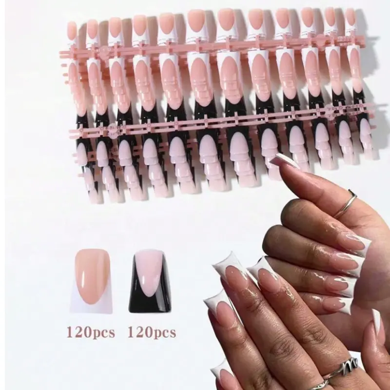 240Pcs (10 Mixed Colors) DIY Glossy Duck Mouth White French Black French Nail Tips, Acrylic Fake Nails Set, Nail Art Supplies
