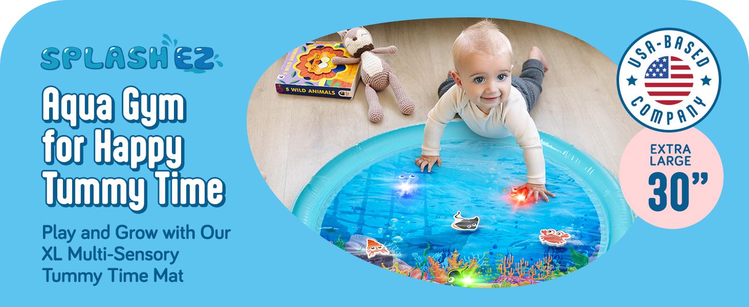 Lights Up Tummy Time Water Mat for Babies, 30" X-Large Baby Water Mat Tummy Time for Sensory with LED Glowing Fishes, Inflatable Fun Pad for Infants Toddlers 3 to 36 mo