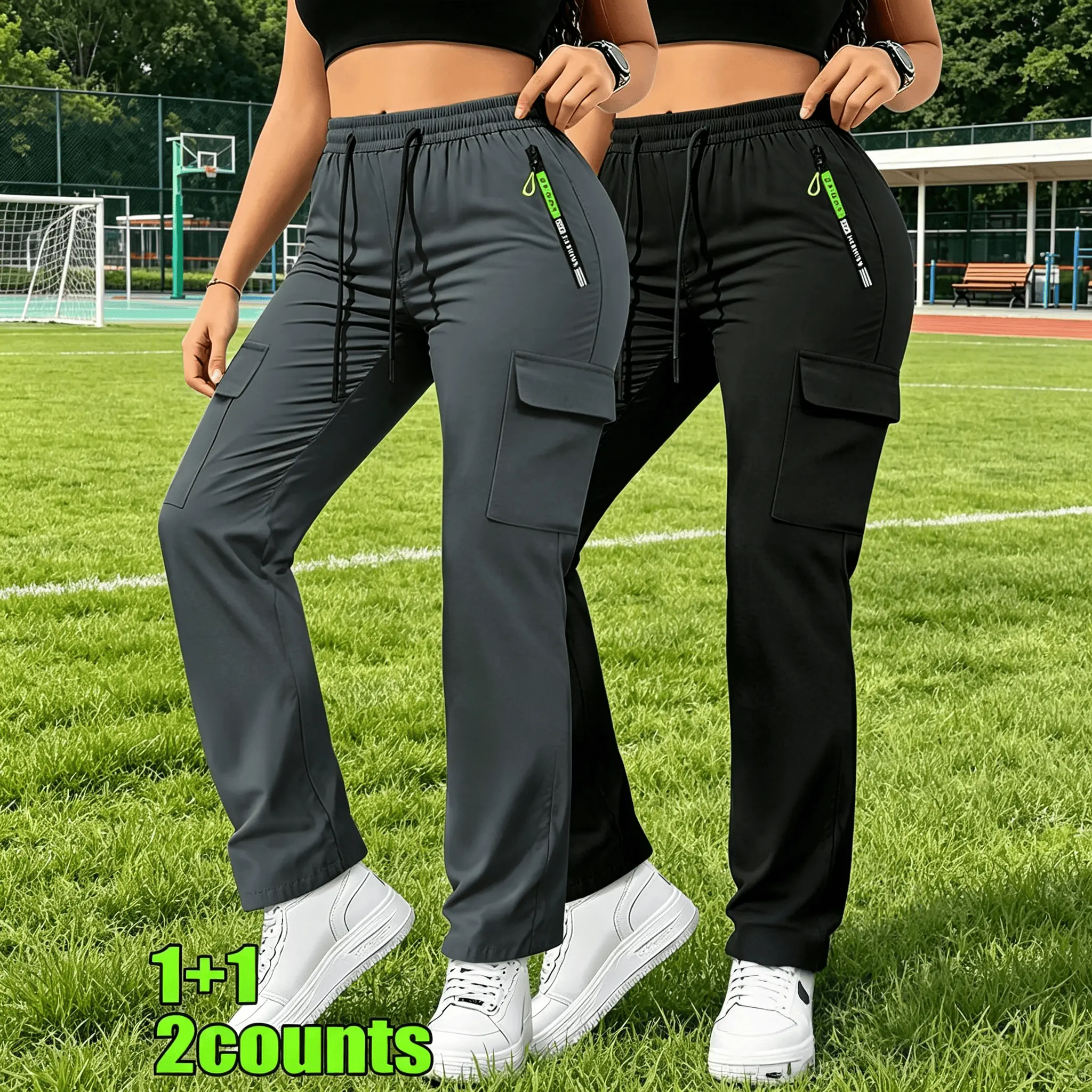 Women's 2-Pack Microfiber Mix Stretch Sports Joggers - Breathable, Sweat-Wicking, Anti-Odour, Adjustable Drawstring Waist, Anti-Slip Zipper Side Pockets, Cool Iron, Suitable for Yoga, Daily Commuting, Golf Pants Women,back to school,back to school haul