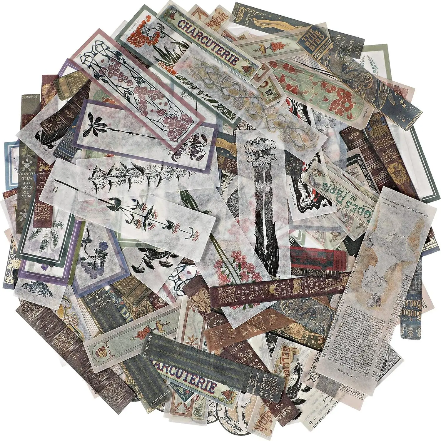120 count  Scrapbook Washi Stickers Antique Decorative Planner Journal  Retro DIY Self-Adhesive Washi Paper Stickers for Photo Albums Cards DIY Projects(Flower, Title, Book)