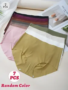 7 Pcs Random Color Women's Mid Waisted Seamless Minimalist Underwear, No Show Full Coverage Briefs, Stretchy Invisible Cheeky Panties, Casual Lingerie