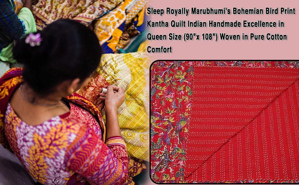 Indian Stitched Pure Cotton Bohemian Bird Print Kantha (Navy, Twin (60"x 90"))