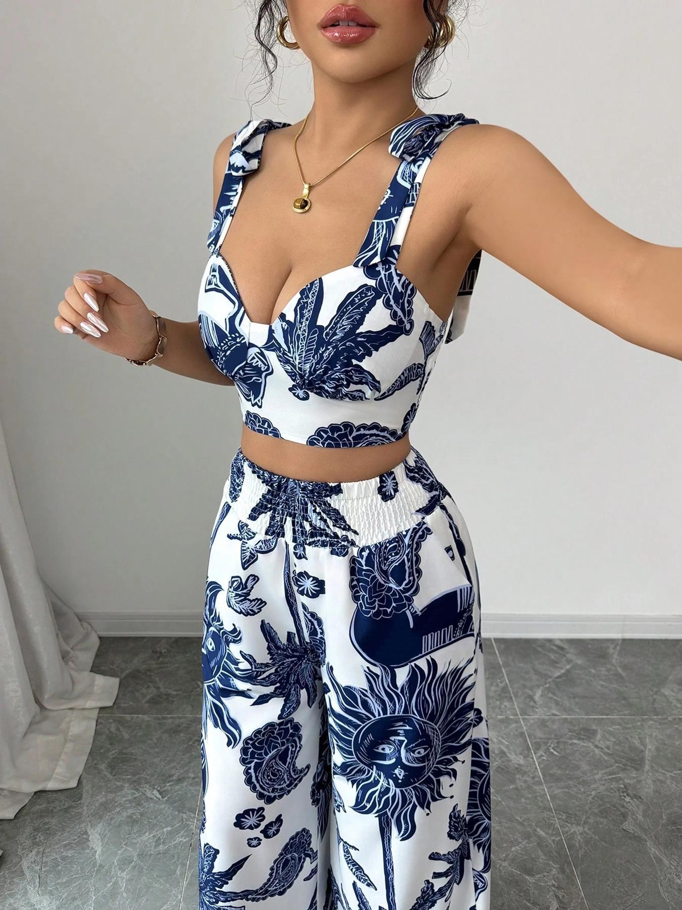 Women's Boho Style Floral Print Sleeveless Top & Belted Straight-Leg Pants Set, Casual Summer Outfit for Vacation