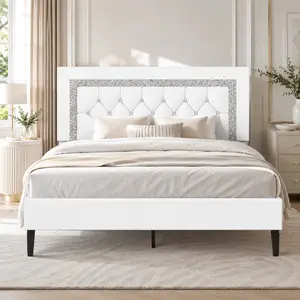 PU Leather Upholstered Platform Bed Frame, Full/Queen Bed Frame with Diamond Tufted Headboard, No Box Spring Needed, White/Black/Pink