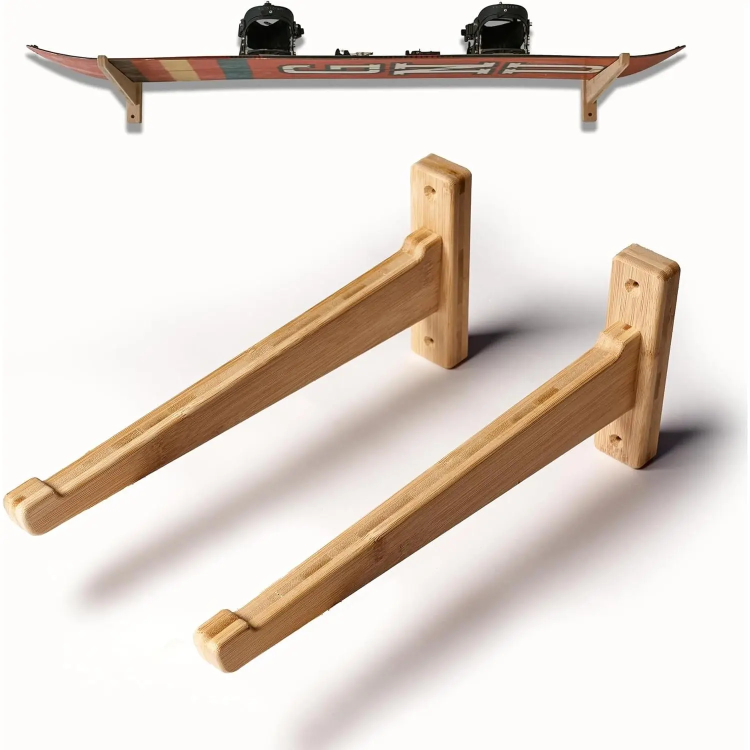 Compact Bamboo Wood Snowboard Wall Mount Rack, Small Space Organizer, Home Storage Holder Fits Boards with Bindings for Home Dorms