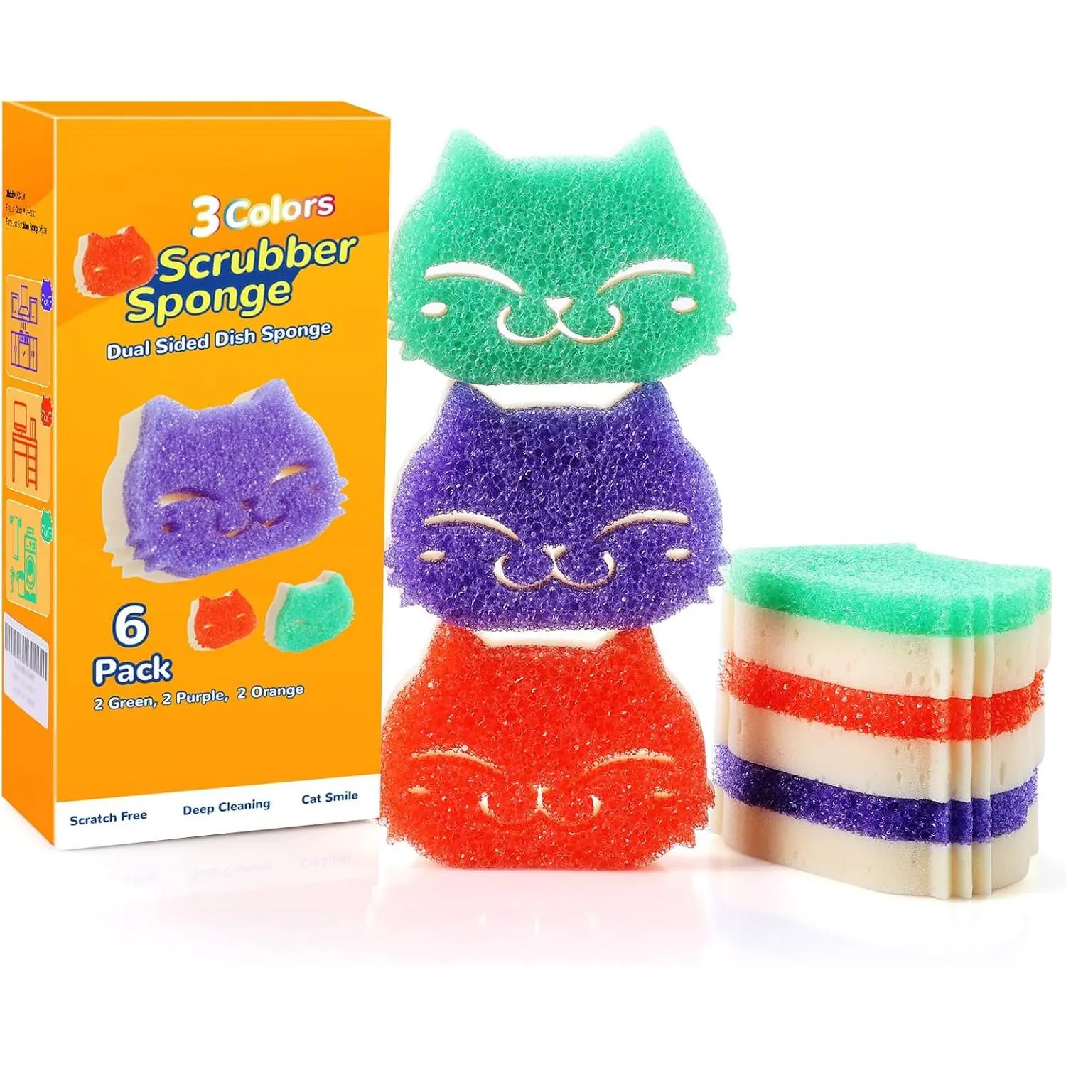 6 Pack Scrub Sponge, -Sided, -Temp Firmness, Dish  | Non-Scratch, Multi-Surface Safe Cleaning Sponges for Kitchen, Bathroom, Dish Scrubbing, Cute  Smile Design