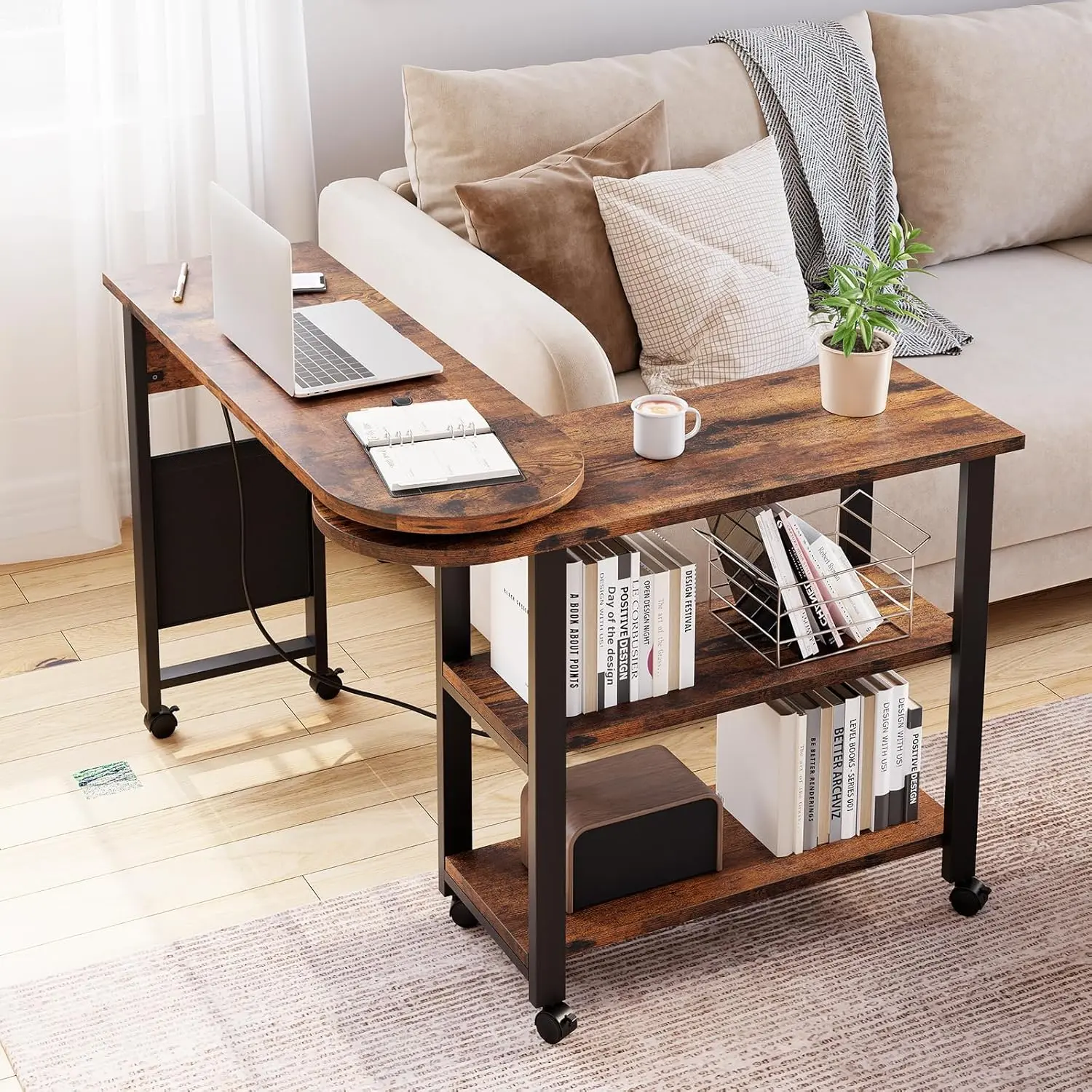 Modern 360° Rotating End Side Table with Swivel Base, 6 Rolling Wheels with Brakes, Storage Bag, Dual-Outlet Charging Station - Hallway & Living Room Furniture, Hallway Table