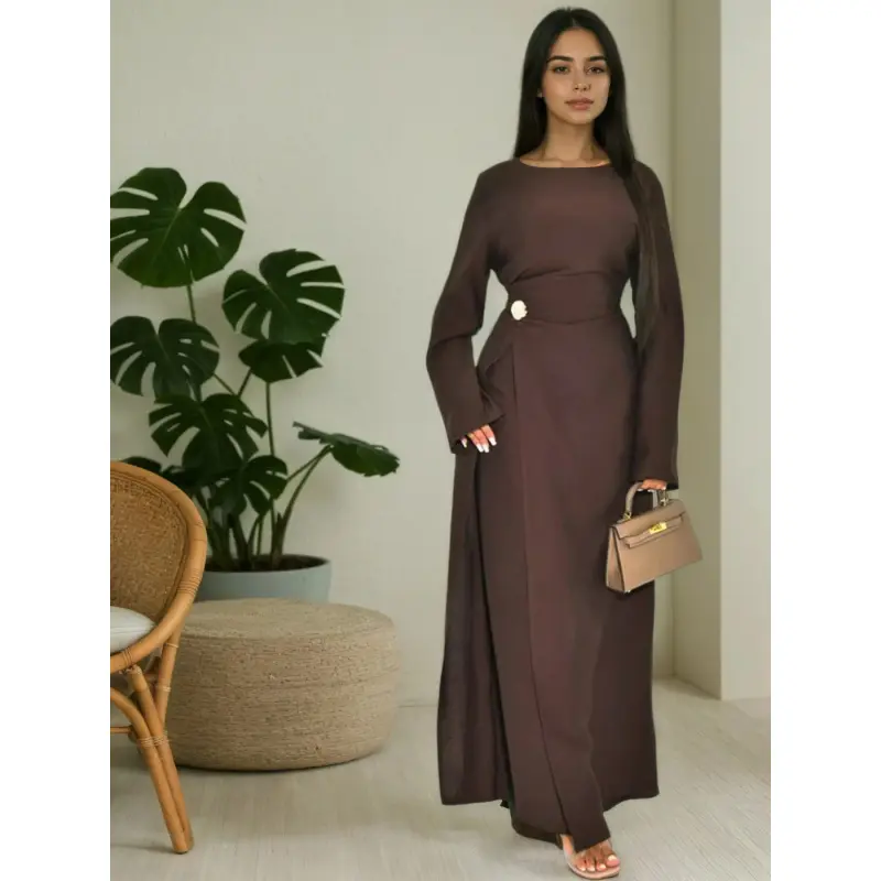 Muslim Women Plain Simple Dress with Back Tie, Modest Muslim Waist Cinching Buttons Dress for Friend Gatherings & Casual Occasions, Classy Modest Dresses, Long Sleeve Dresses, Modest Style Dress, Modest Muslim Clothing