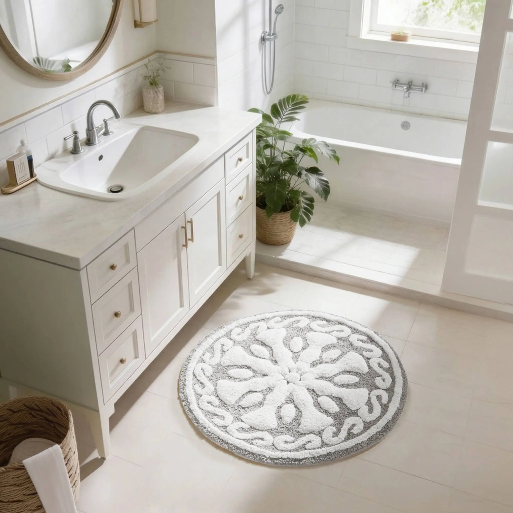 Nokaa 25-Inch Round Medallion Cotton Tufted Bath Rug, Soft Absorbent Bathroom Floor Mat, Non-Slip Plush Carpet for Tub, Shower, Vanity, Laundry Room, Machine Washable, 1-Piece, White