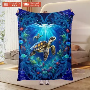 Cozy Sea Turtle Print Blanket - Lightweight Flannel Throw 60*80in